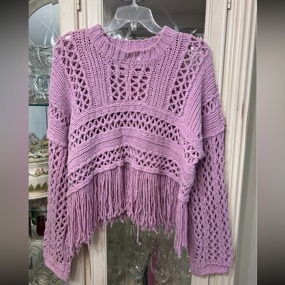 Free People boho fringe sweater pullover size a medium lavender - Picture 2 of 14